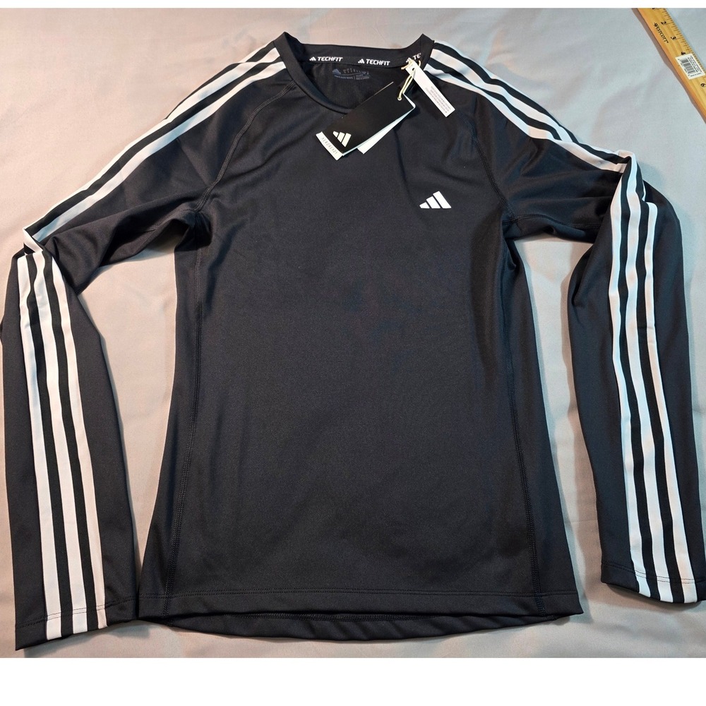 Adidas Techfit Training Shirt Men Small Black 3-Stripe Long Sleeve HD3532 NEW
